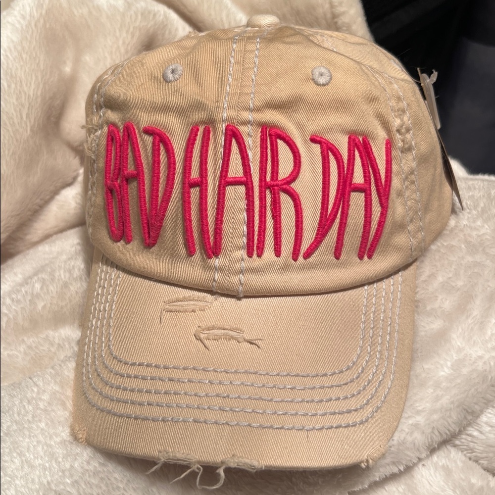 NWT🧢 KBETHOS DISTRESSED COTTON TAN/PINK BAD HAIR DAY ADJUSTABLE BASEBALL HAT CAP - Picture 2 of 9